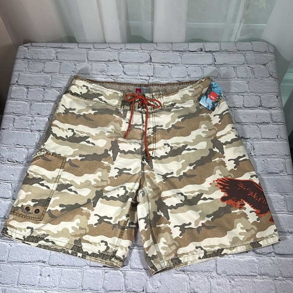 Mossimo Y2K 2003 Vintage Camo Eagle Tan Orange Board Swim Shorts size 38 NEW - Picture 1 of 16